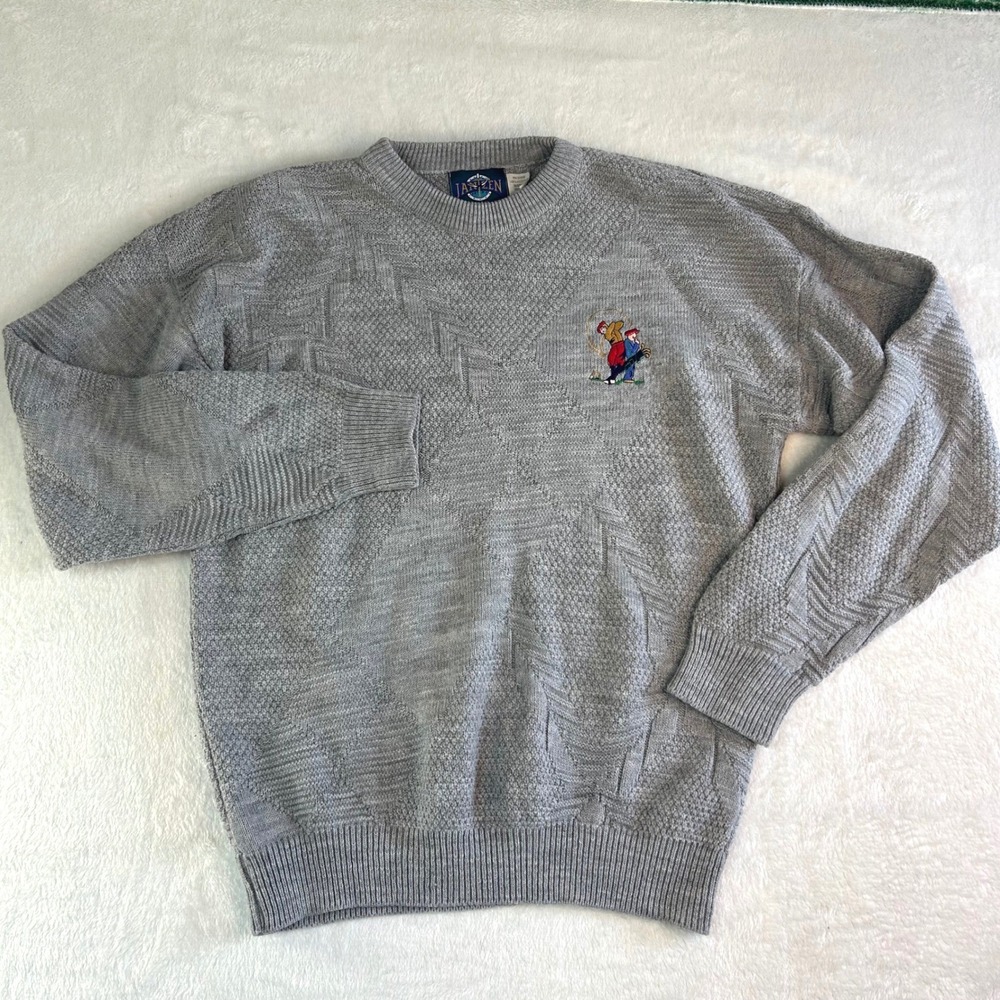 Jantzen Grandpa Core Vintage Golf Embroidered Knit Sweater Large Grey Retro